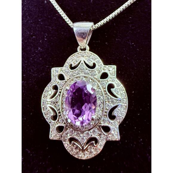 Vintage Amethyst Necklace 925 Sterling Silver Box Chain 18" Fancy Elegant - Picture 2 of 5